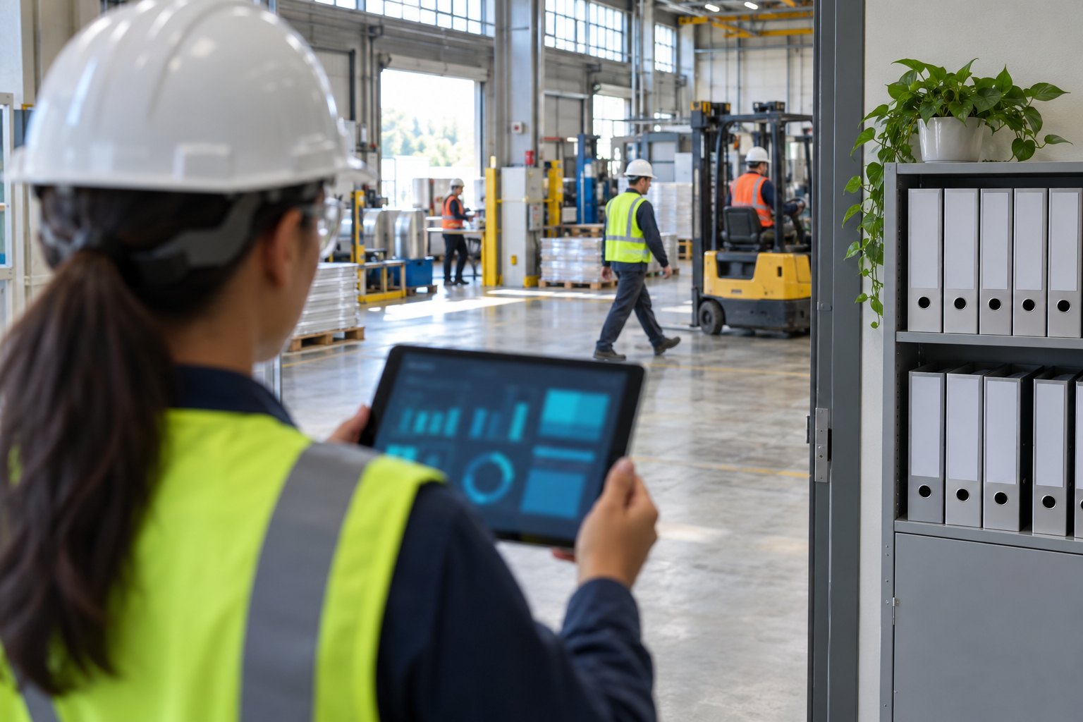 An EHS manager using X3 OSHA on a tablet in a plant office doorway