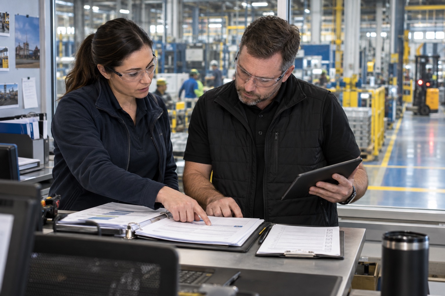A safety manager and a supervisor checking a written program binder against records on a tablet in a plant office