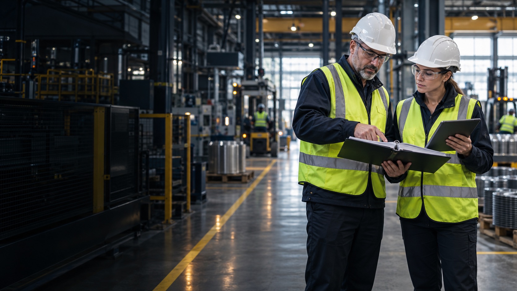 Two safety leads in high-visibility vests reviewing a compliance binder together on a bright plant floor
