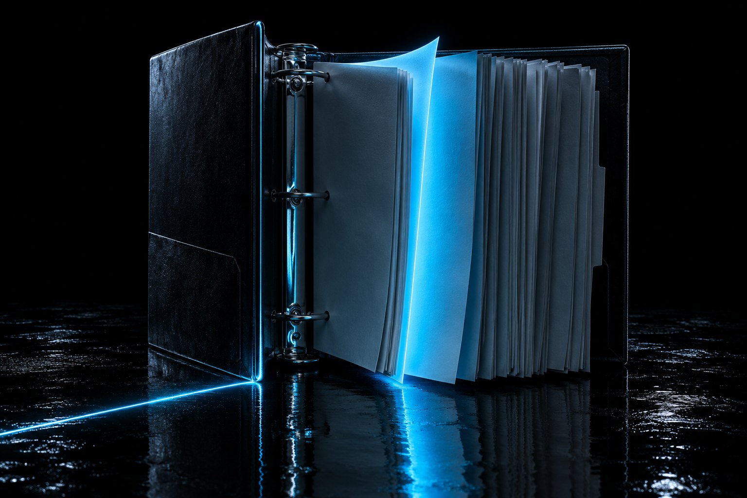 A thick open three-ring binder standing upright on the black floor, its pages fanned out