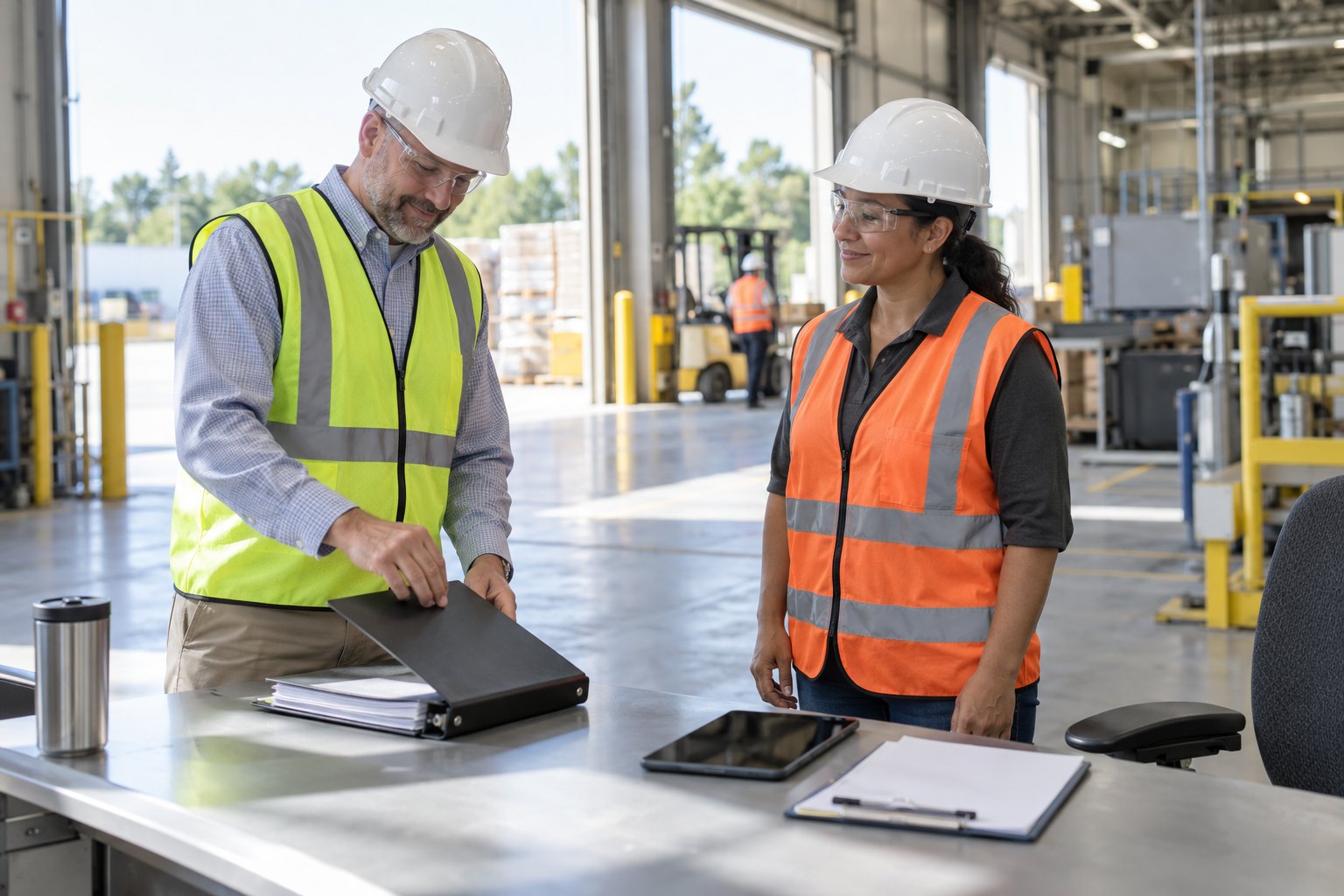 A visiting compliance inspector in plain business-casual clothes, a hard hat and a plain visitor vest, standing with a safety manager at a table near a plant entrance