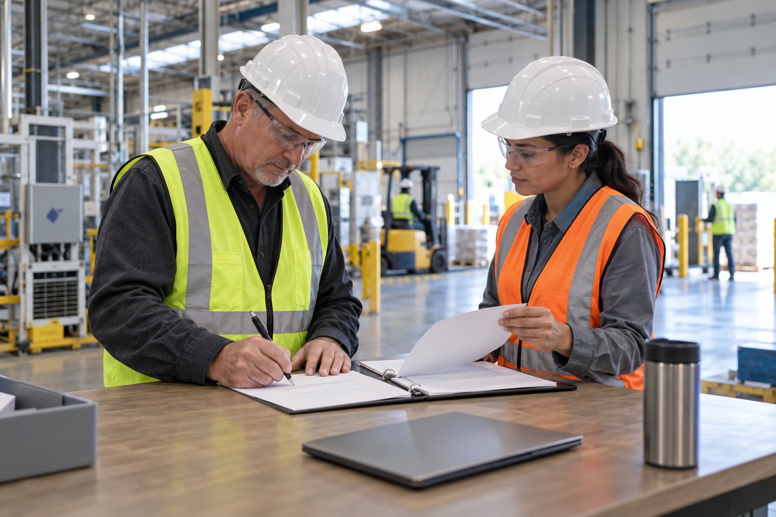 A plant manager and a safety manager standing at a tall work table on the edge of a plant floor
