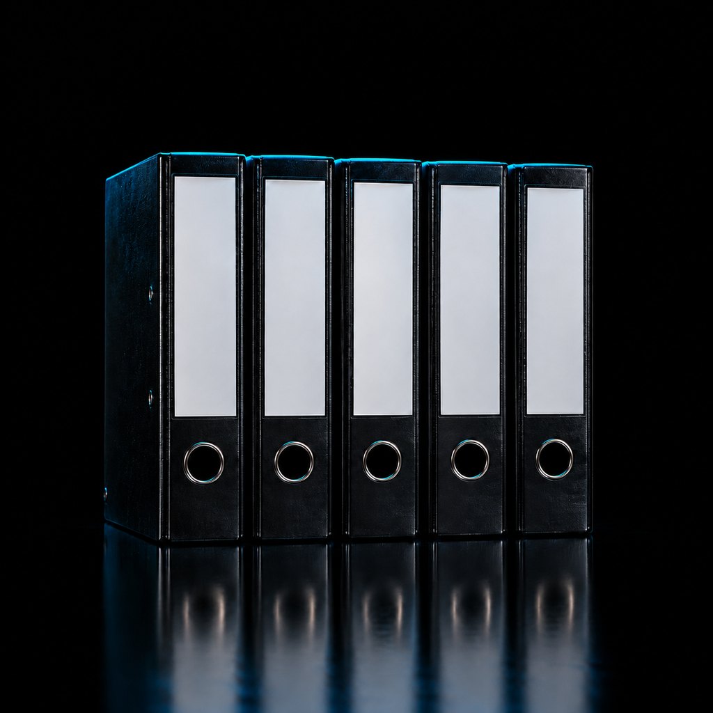 Five thick three-ring binders standing upright in a tight row, spines facing the camera, each spine blank