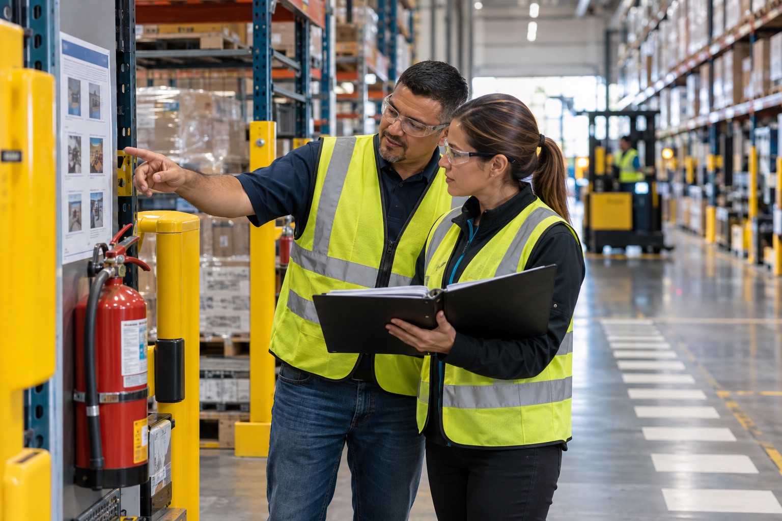 Two safety leads walking a warehouse aisle with an open program binder, pointing to a posted notice beside a fire extinguisher